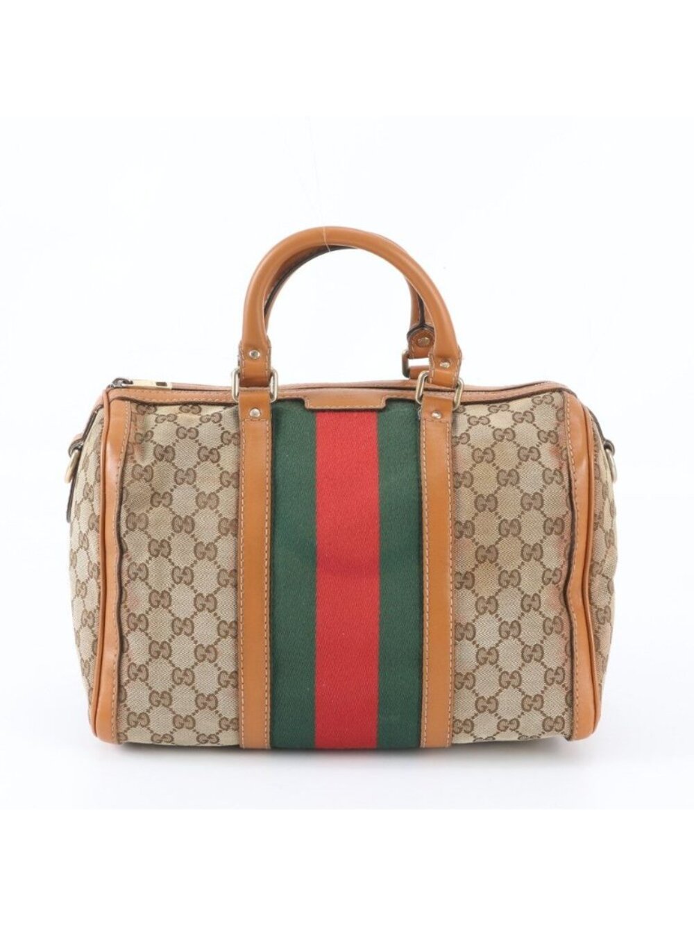 Gucci GG Canvas Sherry Line Mini Boston Leather Handbag Tote Brown
